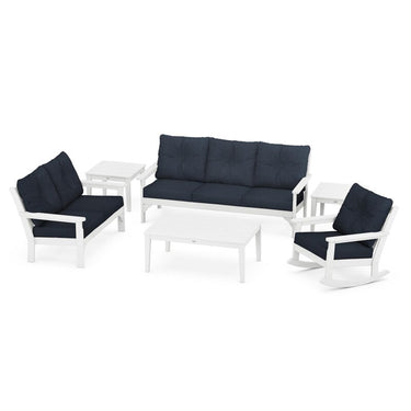 POLYWOOD Vineyard 6-Piece Deep Seating Set w/ Rocker - White / Marine Indigo